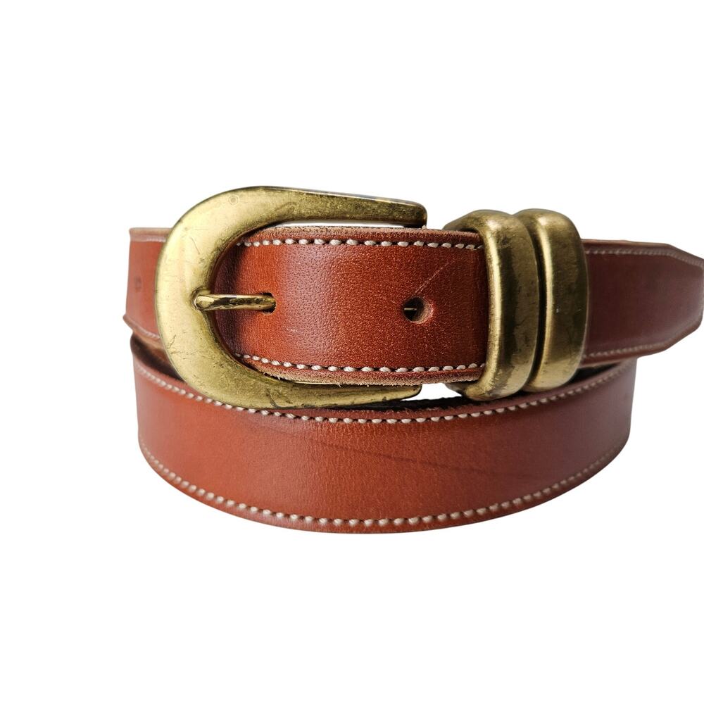 Leather Belt Gold Tone Hardware Double Loop Buckle M Cognac Brown